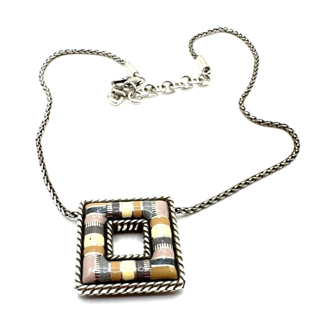 Brighton Cabana Square Natural Tones Reversible Stipes Silver Necklace 16”-18”